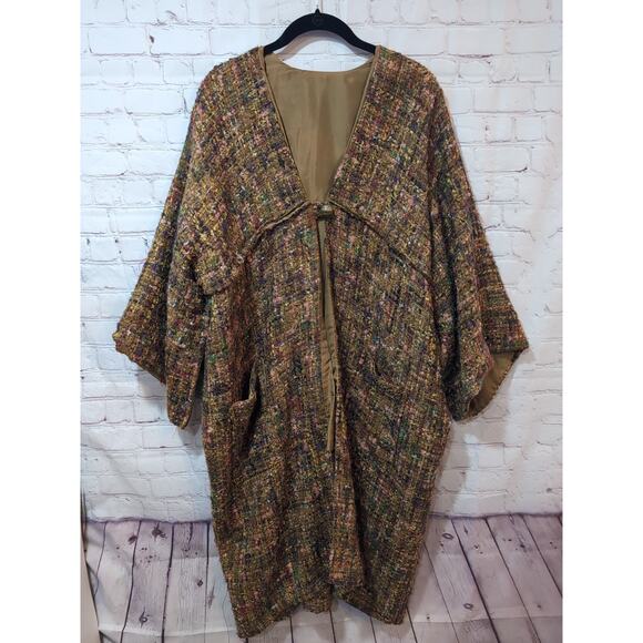 Boho Artisanal Boucle Wool Blend Kimono Coat Jacket Tweed Textured Sweater - Picture 1 of 12